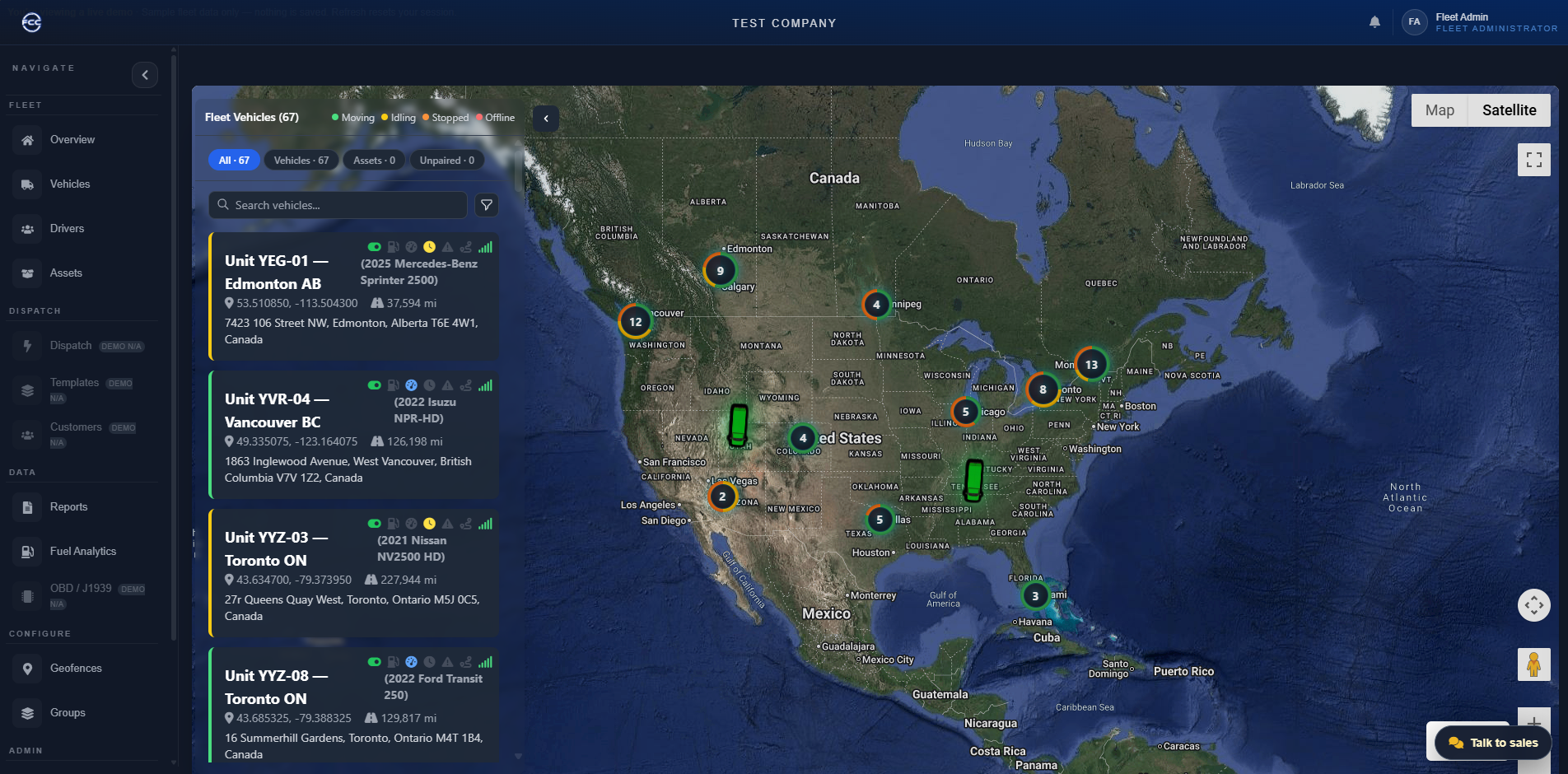 Fleet Command Center live dashboard - Fleet map view showing 67 vehicles across North America with real-time status indicators