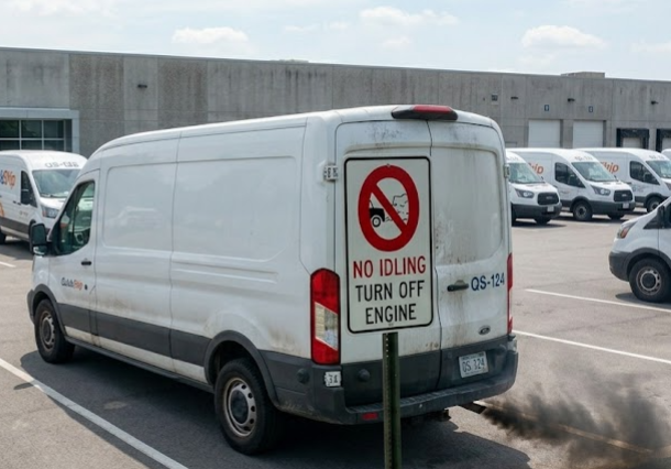 Fleet vehicle idling beside a no-idling sign