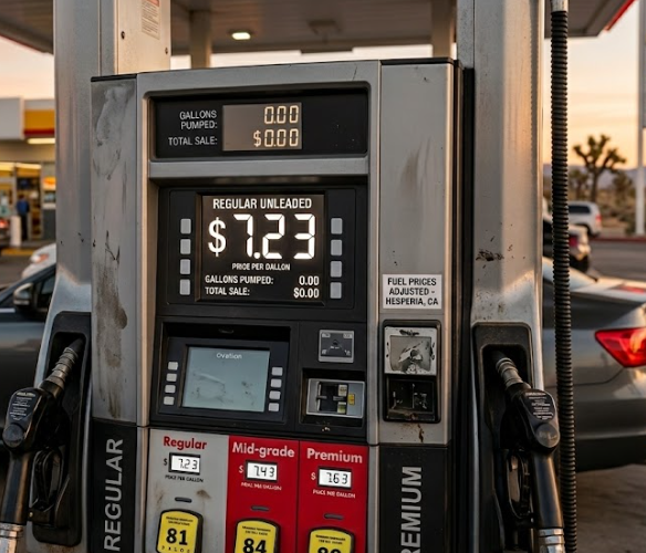 Gas pump display showing volatile fuel prices at a California service station